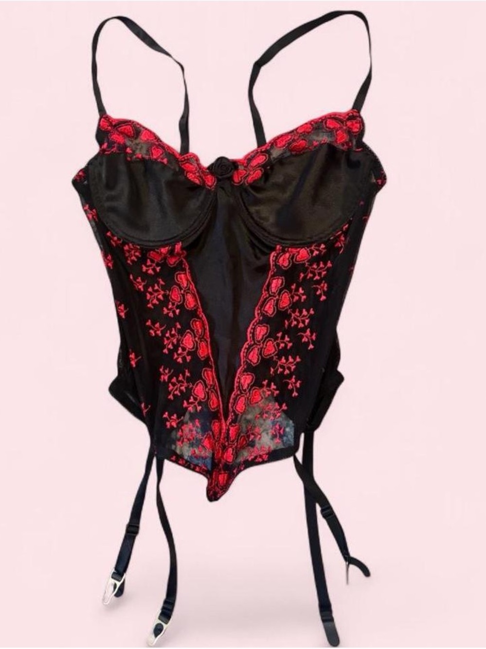 Vintage Black & Red Embroidered corset top with straps and hooks ~ Size: S